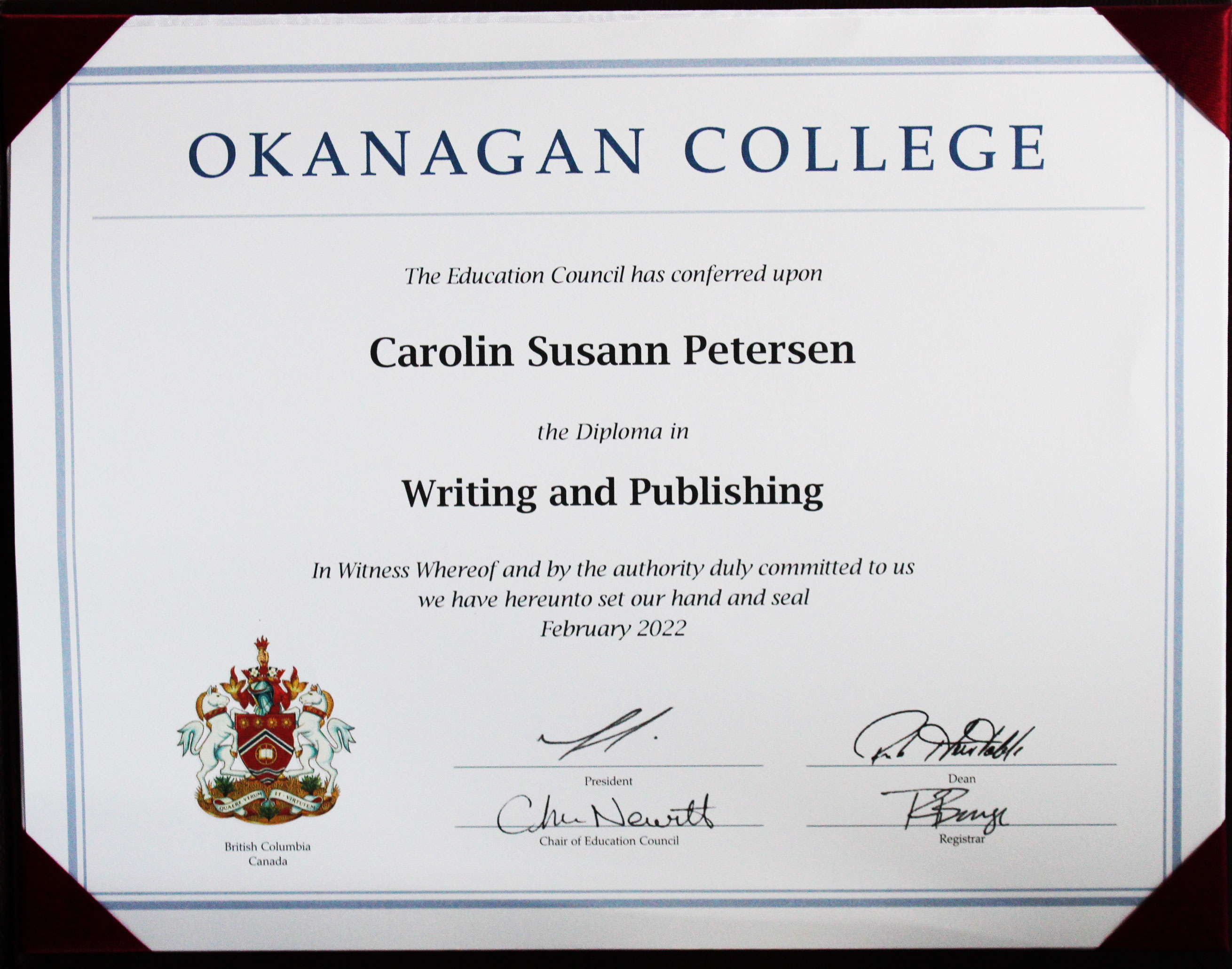 Writing and Publishing diploma from Okanagan College