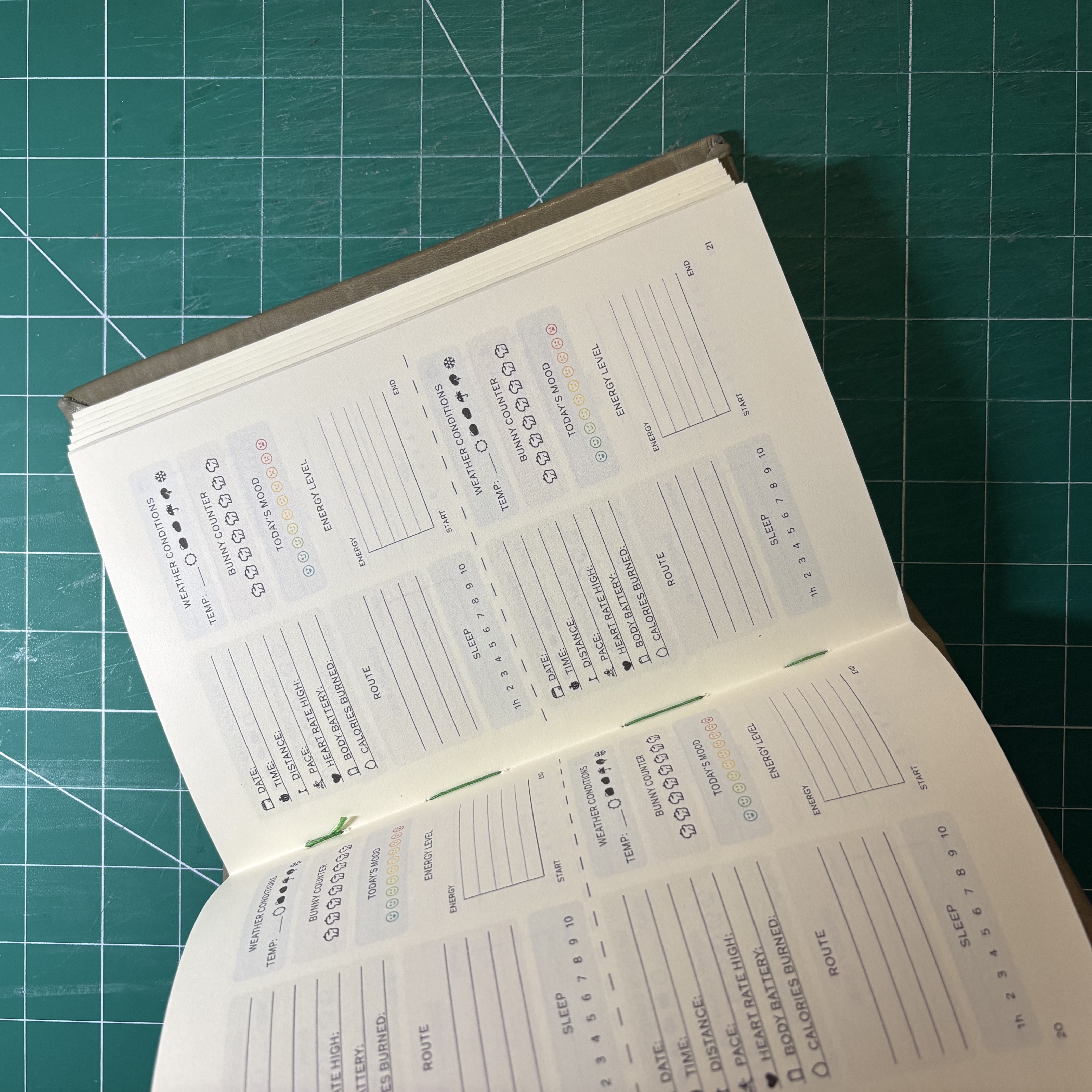 French link Green Leather & Beads Running Journal - open